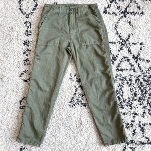 MOTHER Shaker Chop Crop Utility Pants Army Green Size 24 High Rise Linen Blend